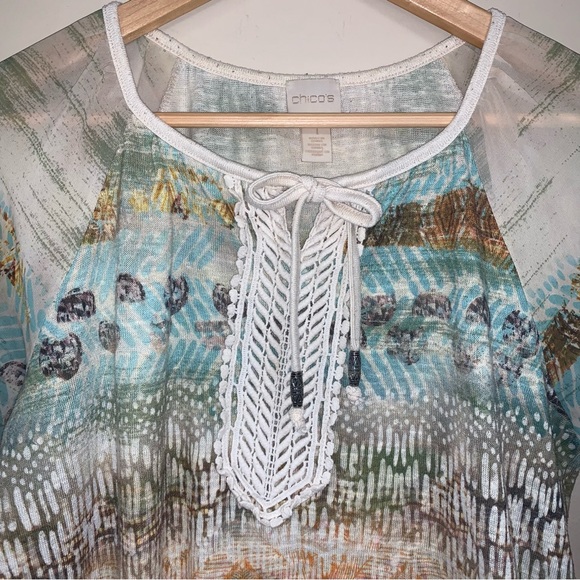 CHICOs Boho Blouse Women Medium 8 Embroidered Top Winter Neutral Natural Fall - Picture 7 of 14